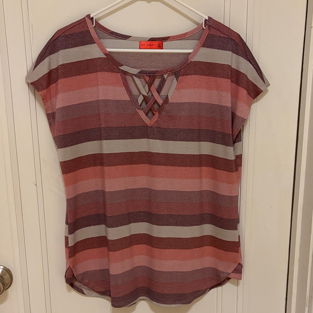 Scarlett Mauve and Pink Striped Crisscross Short Sleeve Top